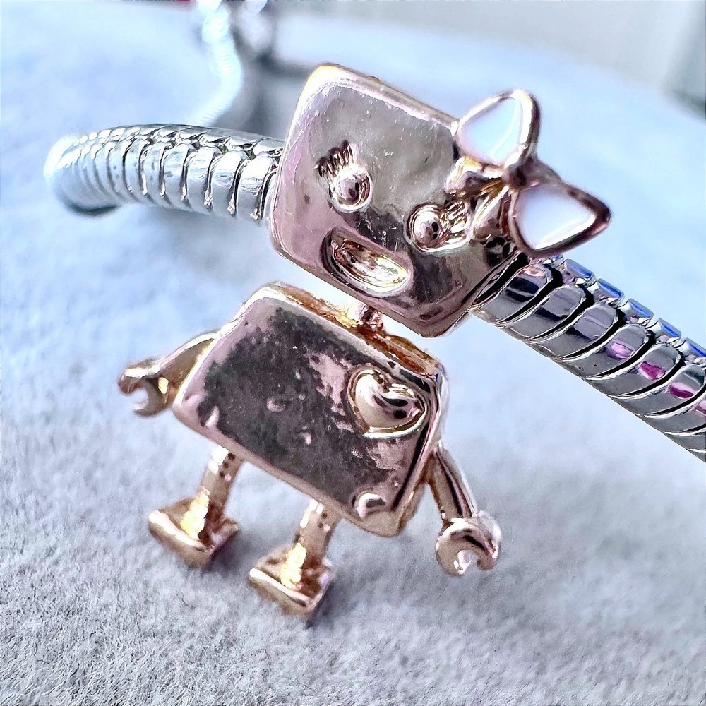 Bella Bot S925 Charm Gold Girl Robot Heart White Bow fits PANDORA